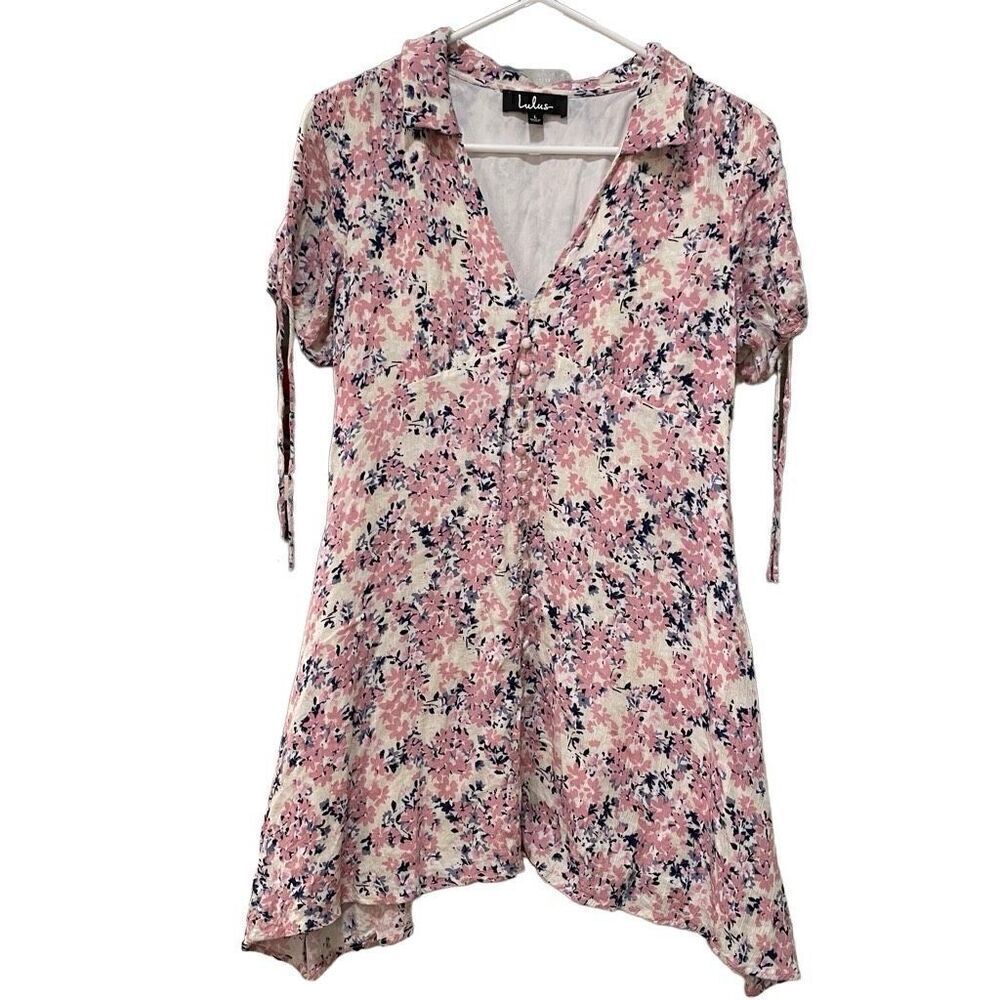 Lulus Dress Womens L Floral Coquette Mini Supremely Sweet Button Front V Neck